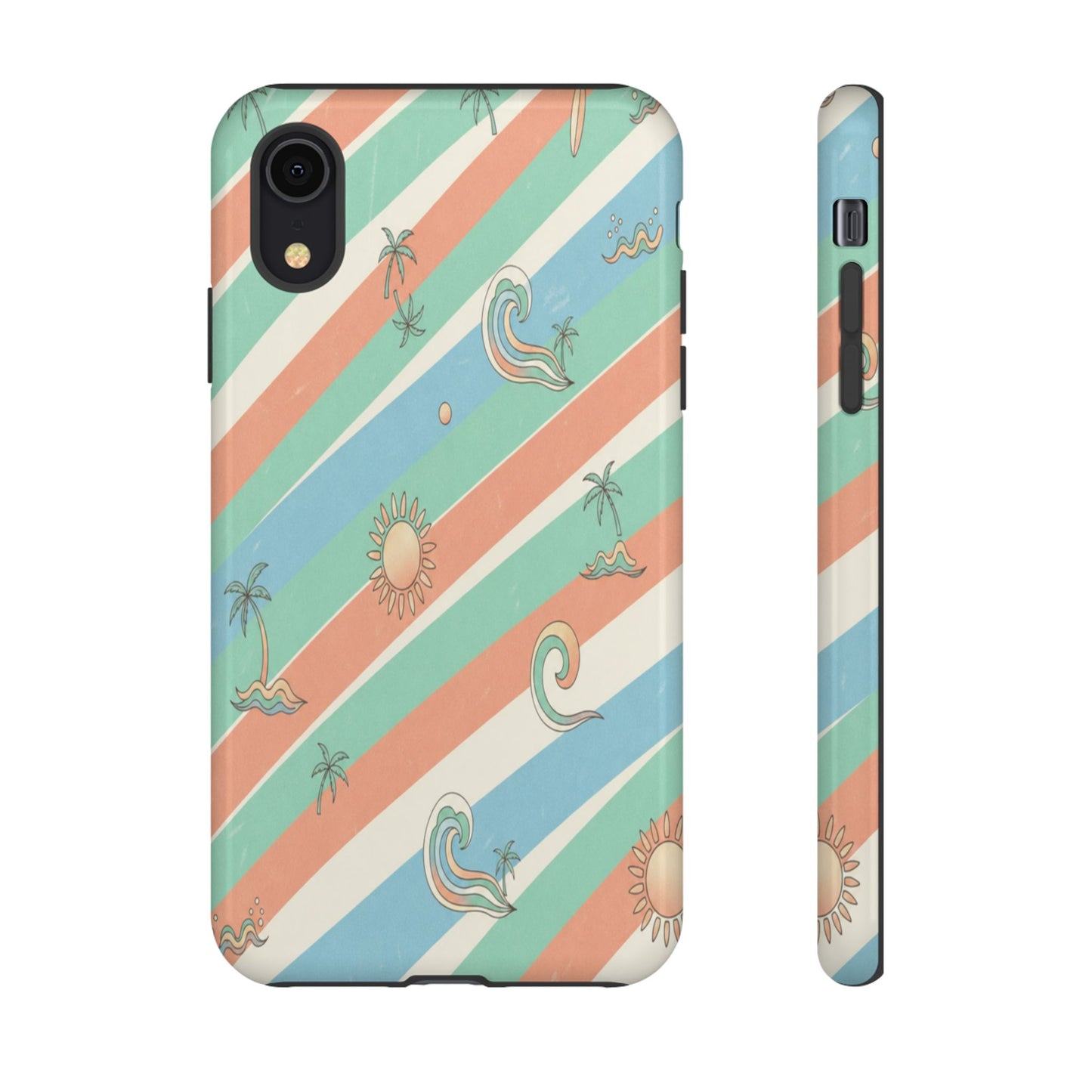 Retro Beach Stripes Phone Case — Sun, Waves & Palm Pattern Tough Case