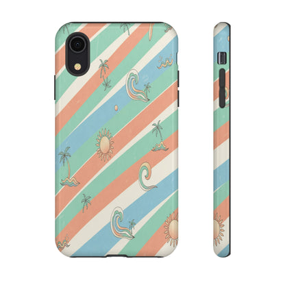 Retro Beach Stripes Phone Case — Sun, Waves & Palm Pattern Tough Case