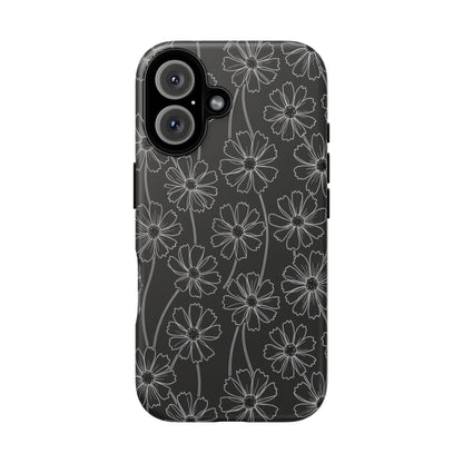 Floral Doodle Tough Phone Case — Black & Gray Daisy Pattern