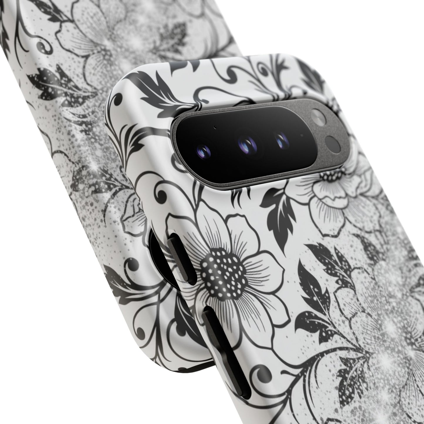Floral Lace Phone Case — Black & White Vintage Flower Protective Case