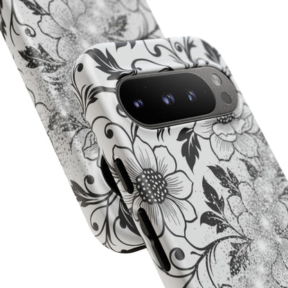 Floral Lace Phone Case — Black & White Vintage Flower Protective Case