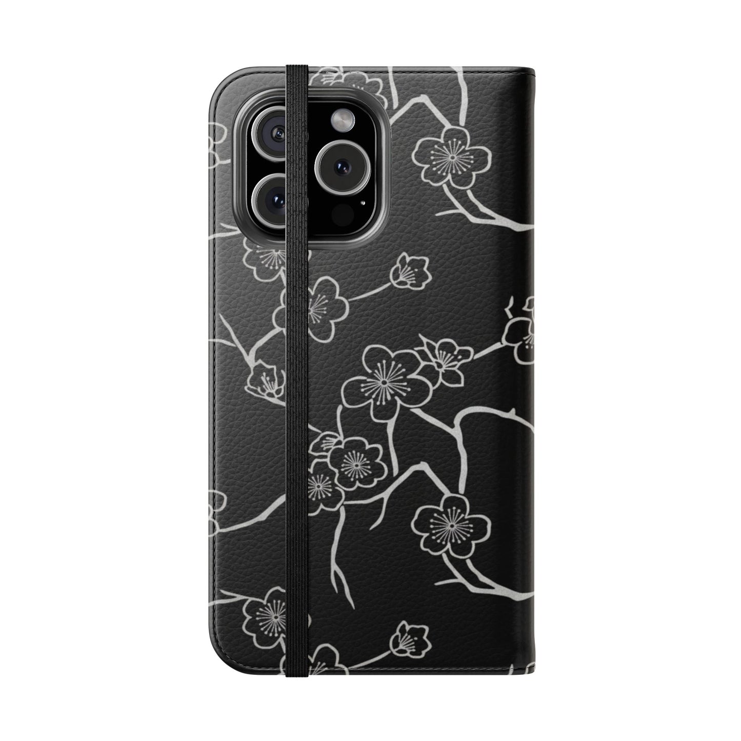 Black Cherry Blossom Flip Phone Case – Floral Wallet Flip Case with Card Slots