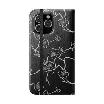 Black Cherry Blossom Flip Phone Case – Floral Wallet Flip Case with Card Slots