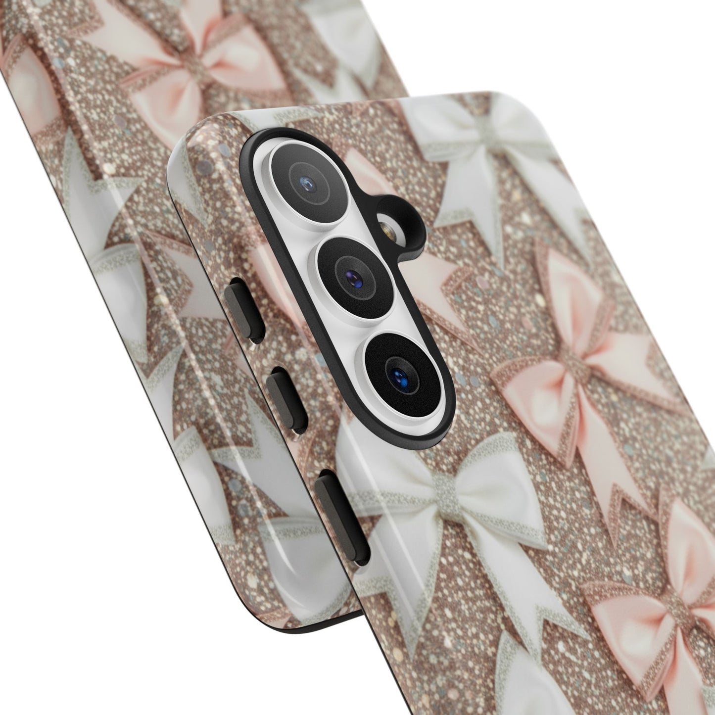 Glitter Bow Tough Phone Case — Pink & White Ribbon Protective Cover