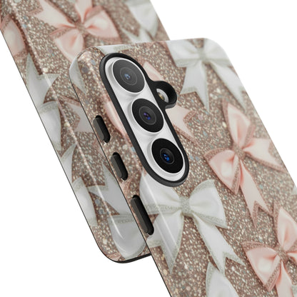 Glitter Bow Tough Phone Case — Pink & White Ribbon Protective Cover