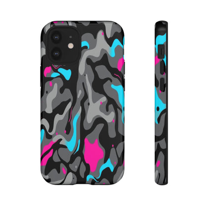 Camouflage Phone Case — Gray Camo with Neon Pink & Cyan Accent Tough Protective Cover