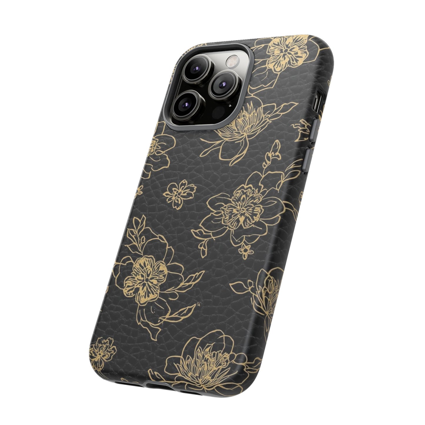 Floral Leather Phone Case — Gold Outline Flowers on Black Tough Case