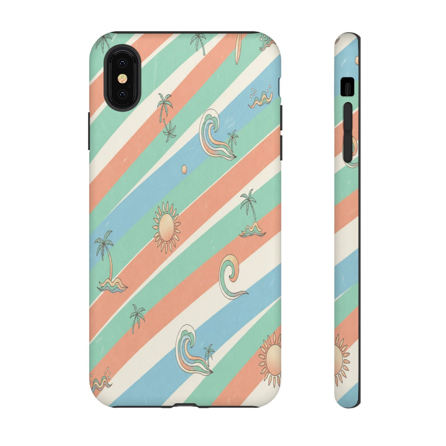 Retro Beach Stripes Phone Case — Sun, Waves & Palm Pattern Tough Case
