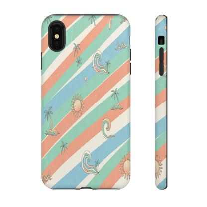 Retro Beach Stripes Phone Case — Sun, Waves & Palm Pattern Tough Case