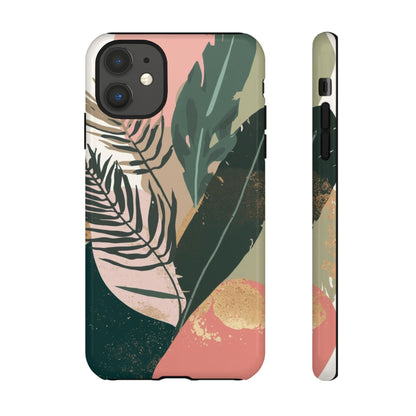 Tropical Leaf Tough Phone Case — Abstract Pink & Green Botanical Protective Cover
