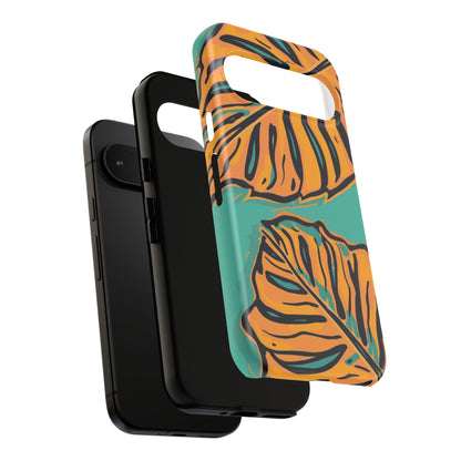 Tropical Leaf Tough Phone Case — Orange Monstera Design on Teal