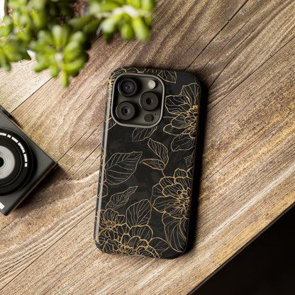 Floral Gold Outline Tough Phone Case – Black Botanical Protective Cover
