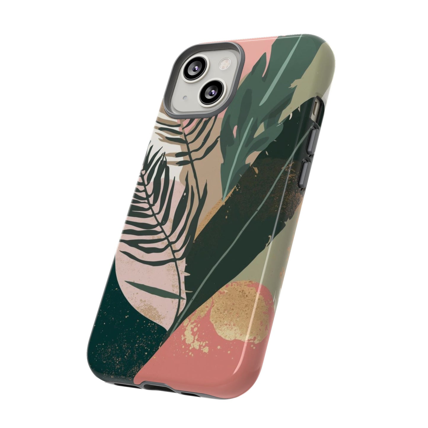 Tropical Leaf Tough Phone Case — Abstract Pink & Green Botanical Protective Cover