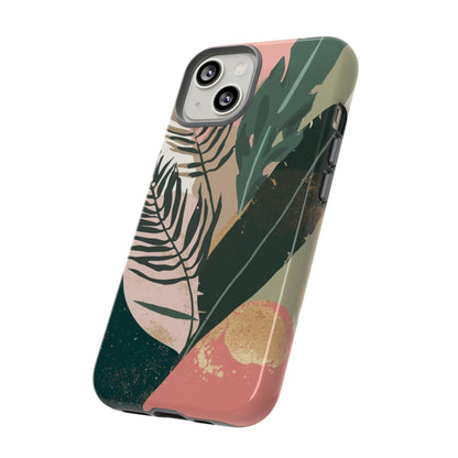 Tropical Leaf Tough Phone Case — Abstract Pink & Green Botanical Protective Cover