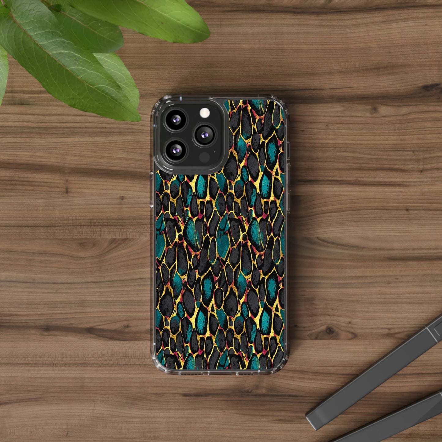Teal Gold Leopard Clear Phone Case
