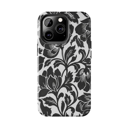 Tough Phone Case — Black & White Vintage Floral Protective Cover