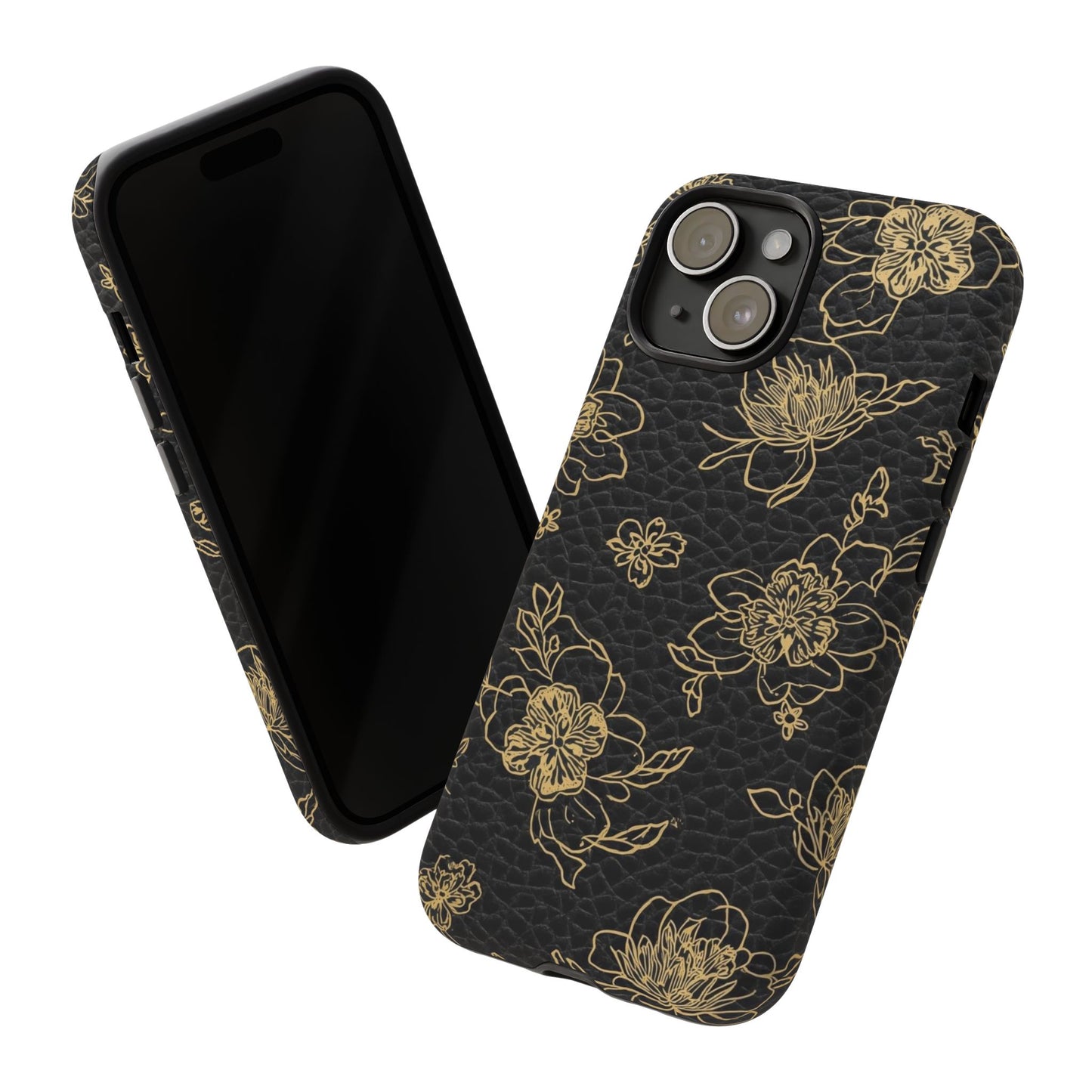 Floral Leather Phone Case — Gold Outline Flowers on Black Tough Case