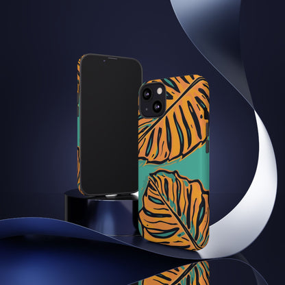 Tropical Leaf Tough Phone Case — Orange Monstera Design on Teal