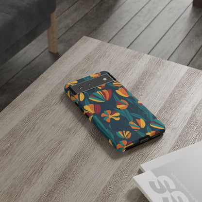 Floral Retro Teal Tough Phone Case — Vibrant Orange & Mustard Blooms