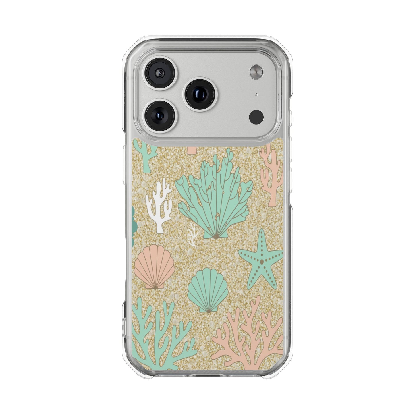 Clear Magnetic Phone Case — Pastel Seashell & Coral Beach Design