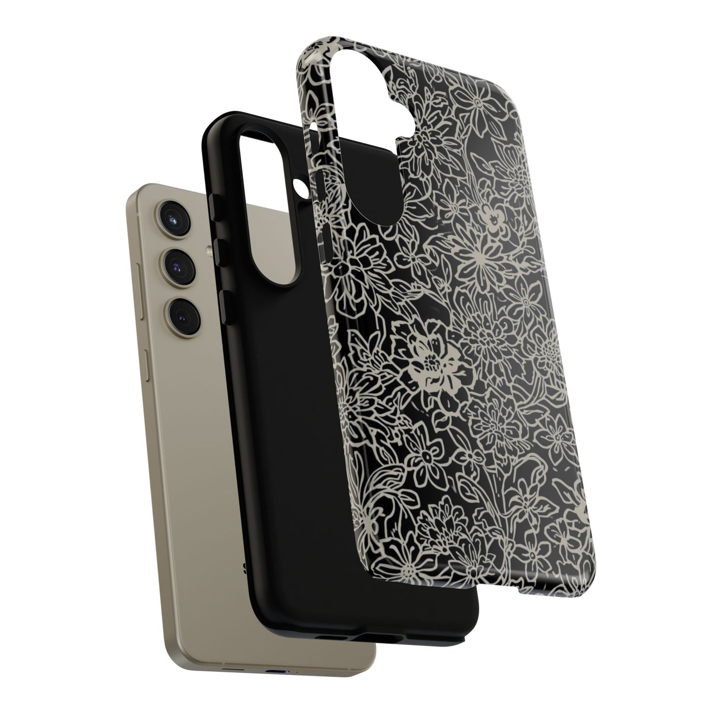 Floral Doodle Tough Phone Case — Black & White Sketch Flower Protective Cover
