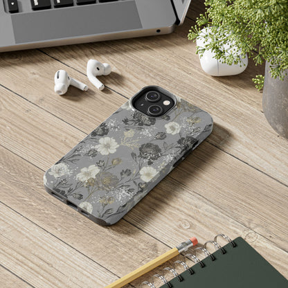 Floral Gray Tough Phone Case — Elegant Protective Phone Cover with Gold Accent