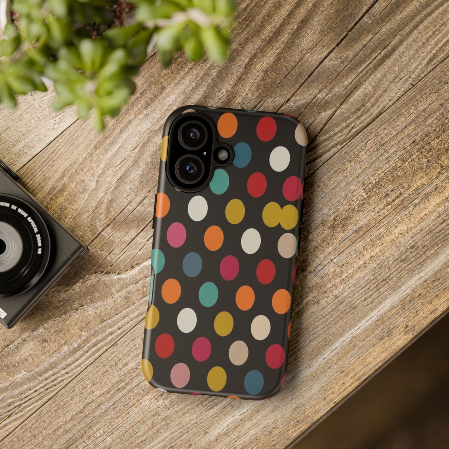 Polka Dot Tough Phone Case – Colorful Retro Dots on Black
