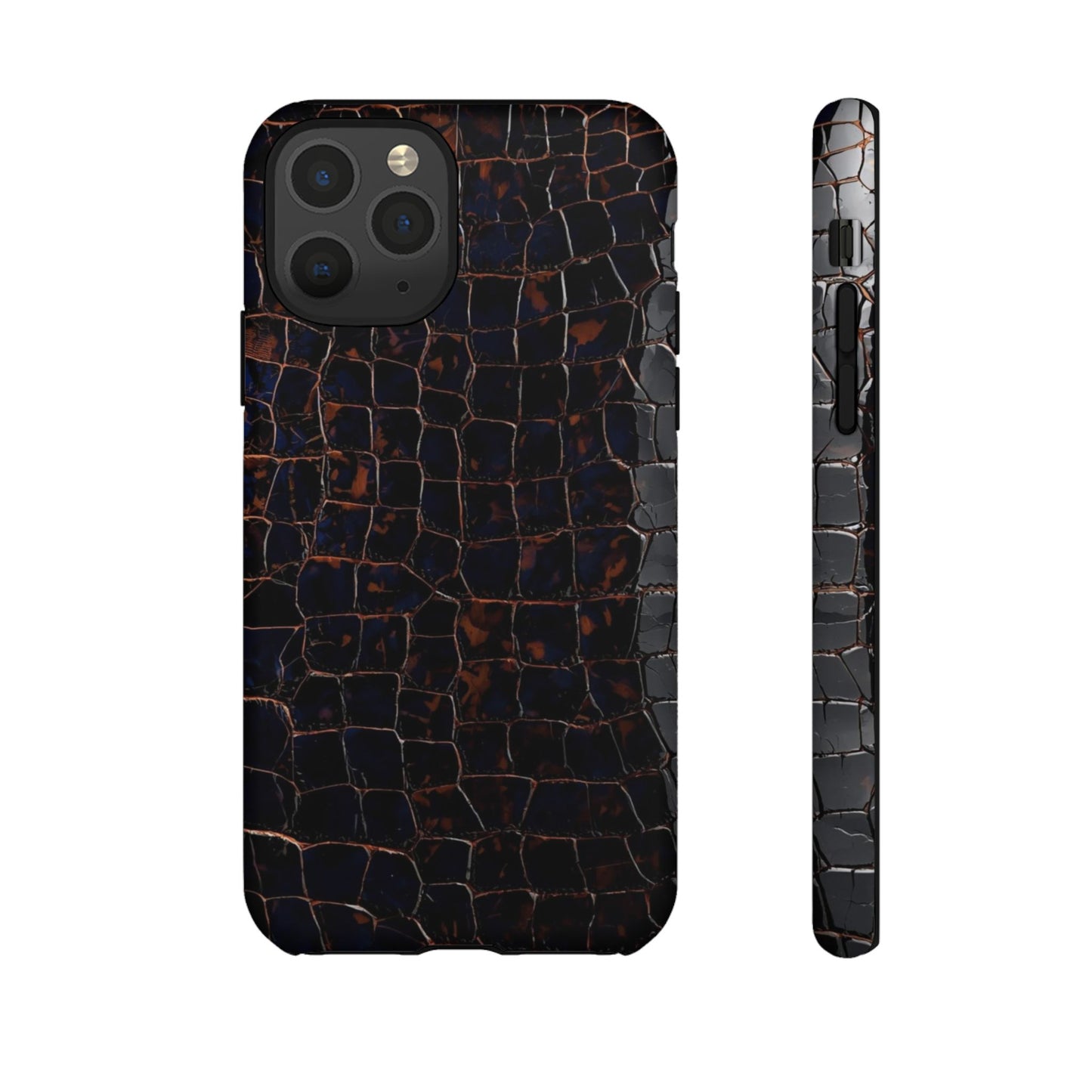 Croc-Embossed Tough Phone Case — Shockproof Black Alligator Texture
