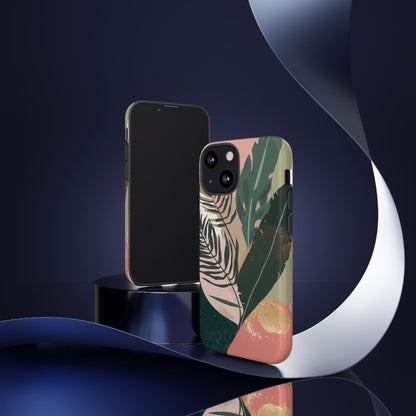 Tropical Leaf Tough Phone Case — Abstract Pink & Green Botanical Protective Cover
