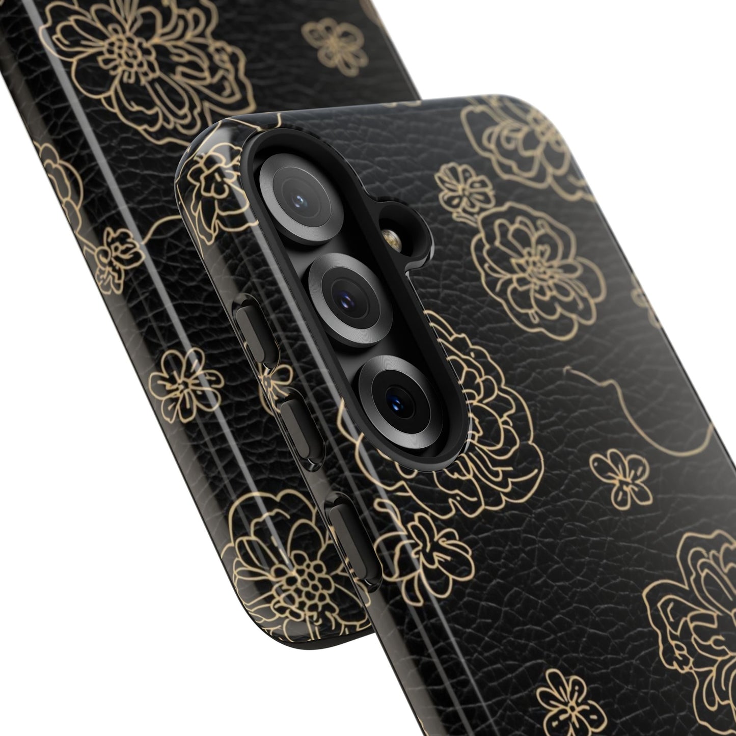 Floral Leather-Texture Tough Case – Black Gold Outline Phone Cover