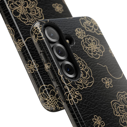 Floral Leather-Texture Tough Case – Black Gold Outline Phone Cover