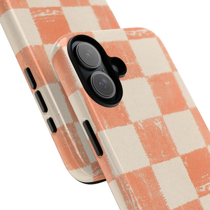 Peach Checkerboard Tough Phone Case — Retro Distressed Grid Design