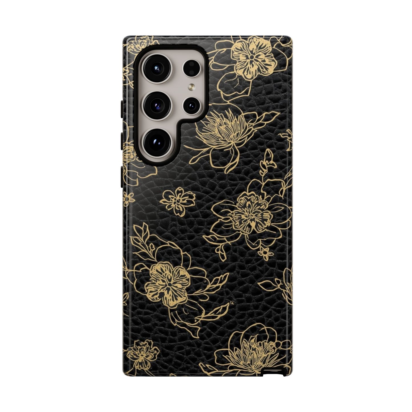 Floral Leather Phone Case — Gold Outline Flowers on Black Tough Case