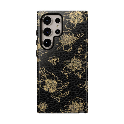 Floral Leather Phone Case — Gold Outline Flowers on Black Tough Case