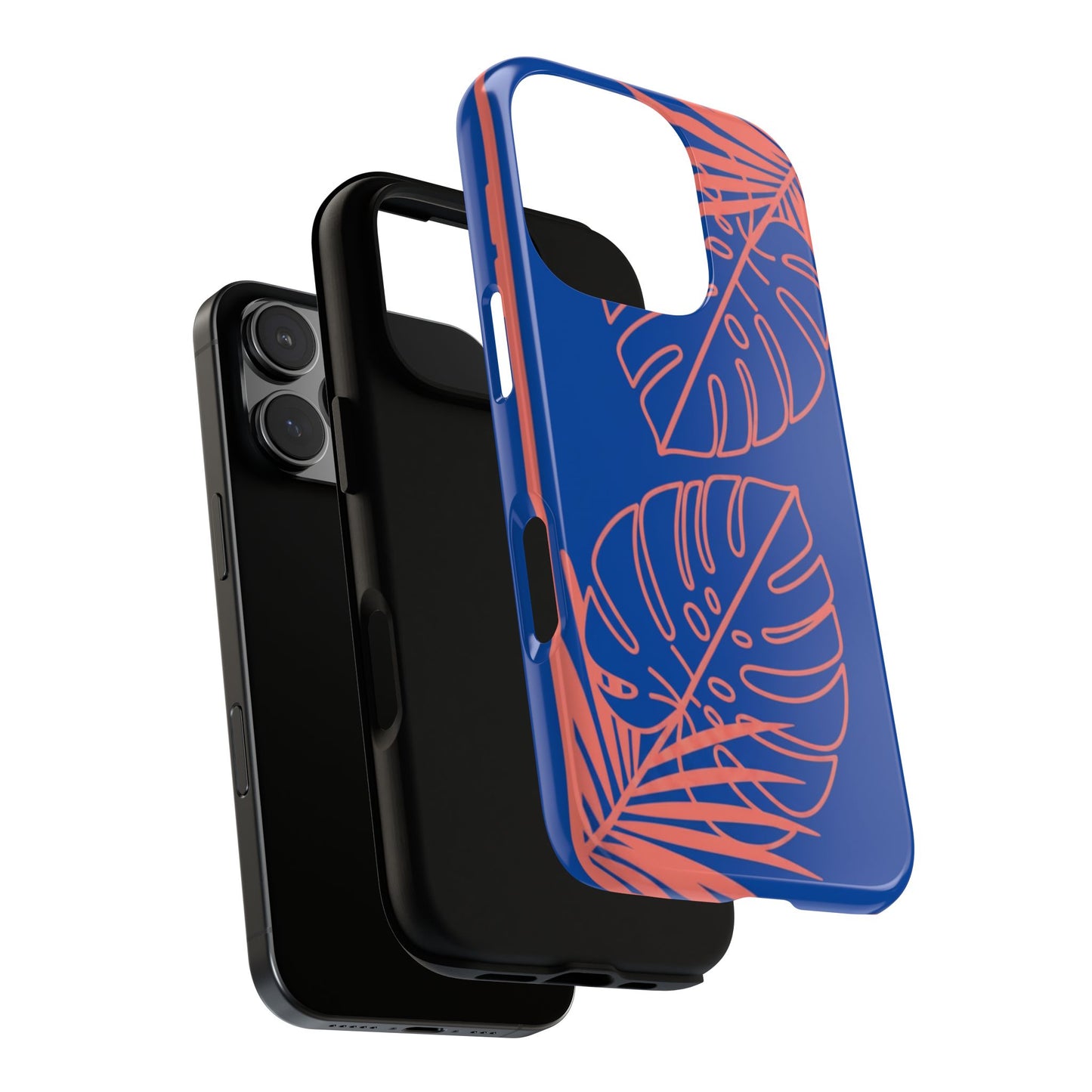 Tropical Monstera Phone Case — Blue & Coral Leaf Protective Cover