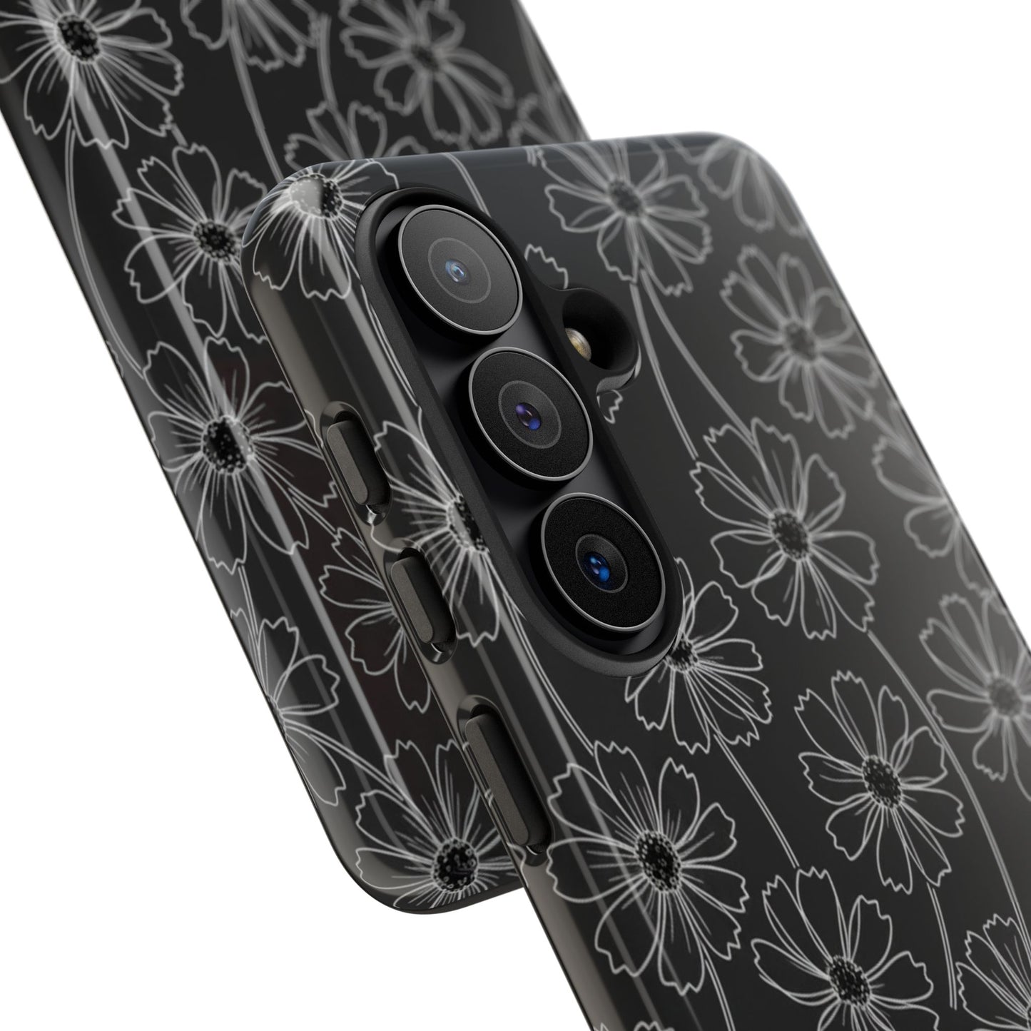 Floral Doodle Tough Phone Case — Black & Gray Daisy Pattern