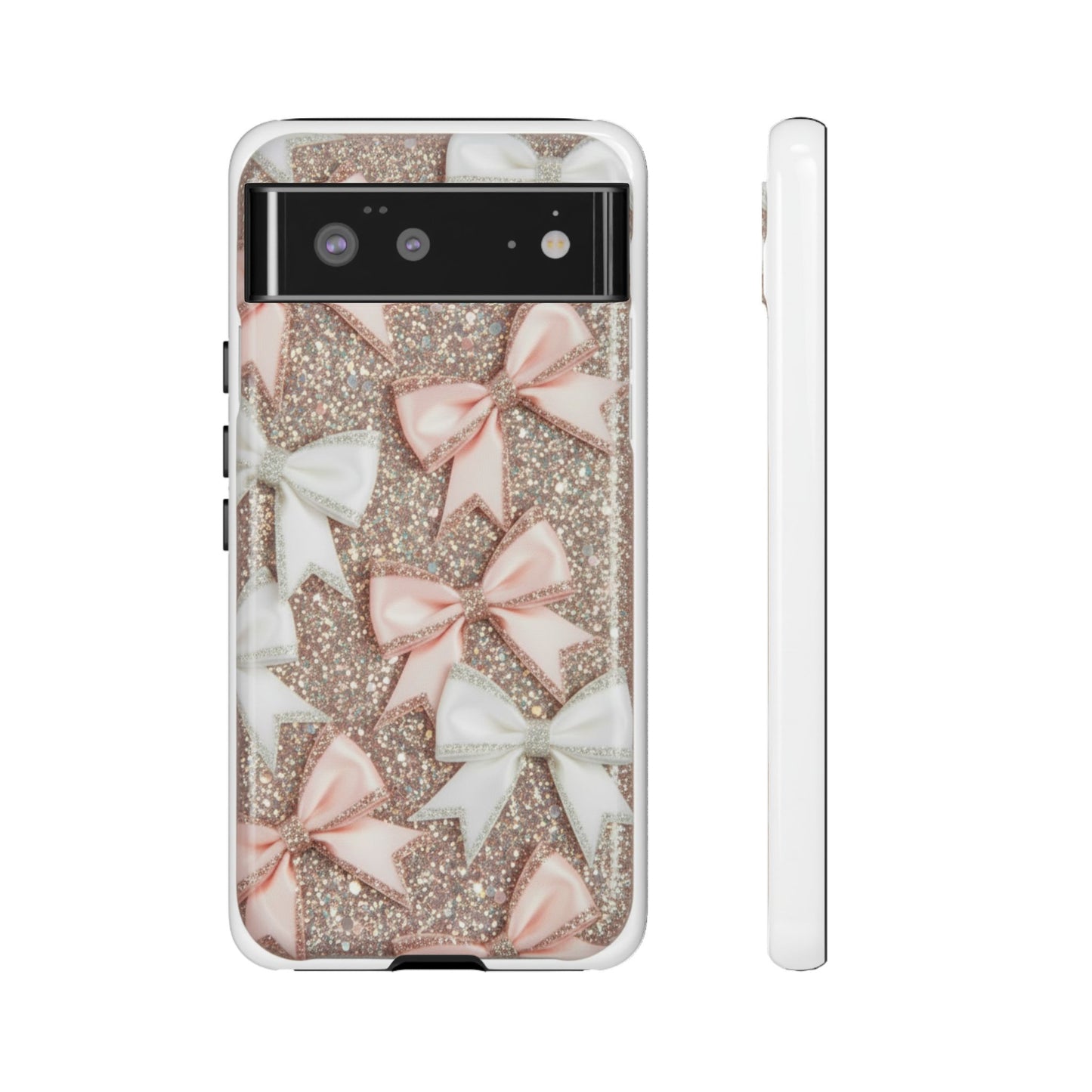 Glitter Bow Tough Phone Case — Pink & White Ribbon Protective Cover