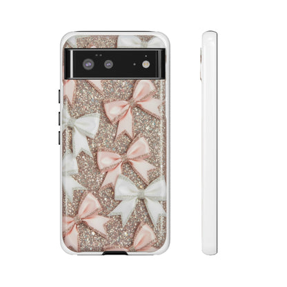 Glitter Bow Tough Phone Case — Pink & White Ribbon Protective Cover