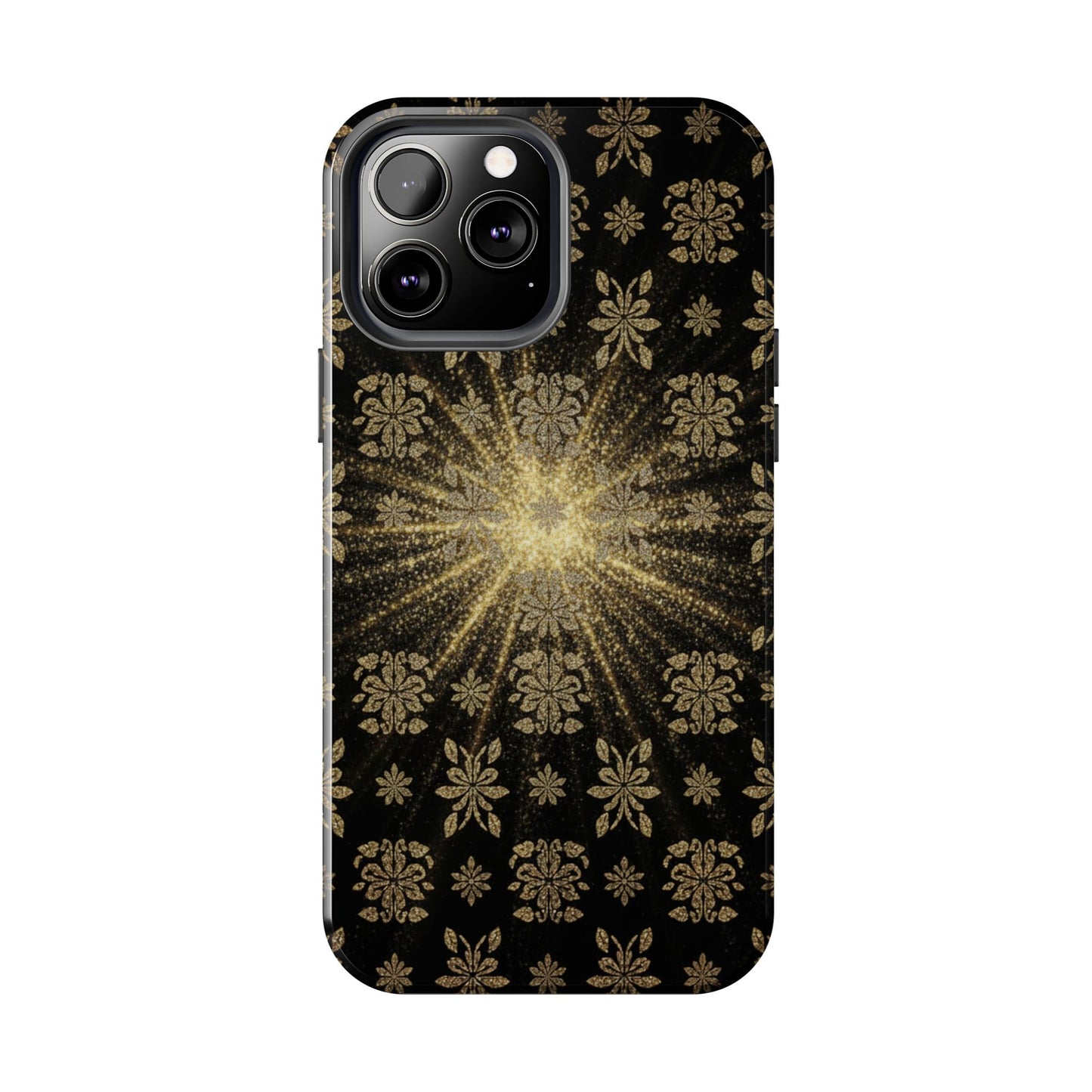 Glitter Burst Tough Phone Case — Black & Gold Floral Protective Cover