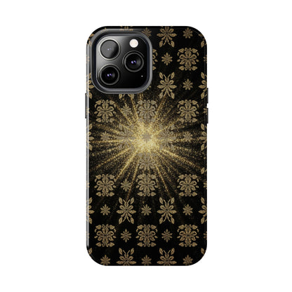 Glitter Burst Tough Phone Case — Black & Gold Floral Protective Cover