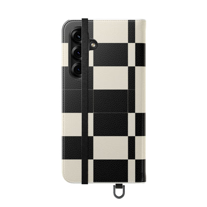 Checkered Flip Phone Case – Black & Cream Retro Grid Wallet Case
