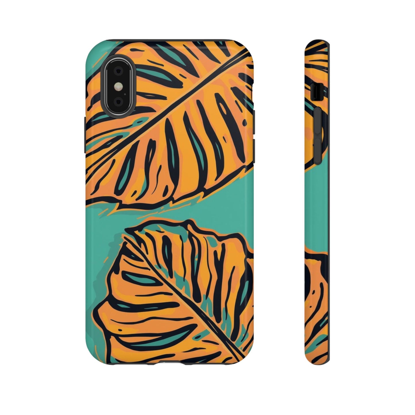 Tropical Leaf Tough Phone Case — Orange Monstera Design on Teal