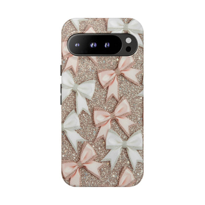 Glitter Bow Tough Phone Case — Pink & White Ribbon Protective Cover