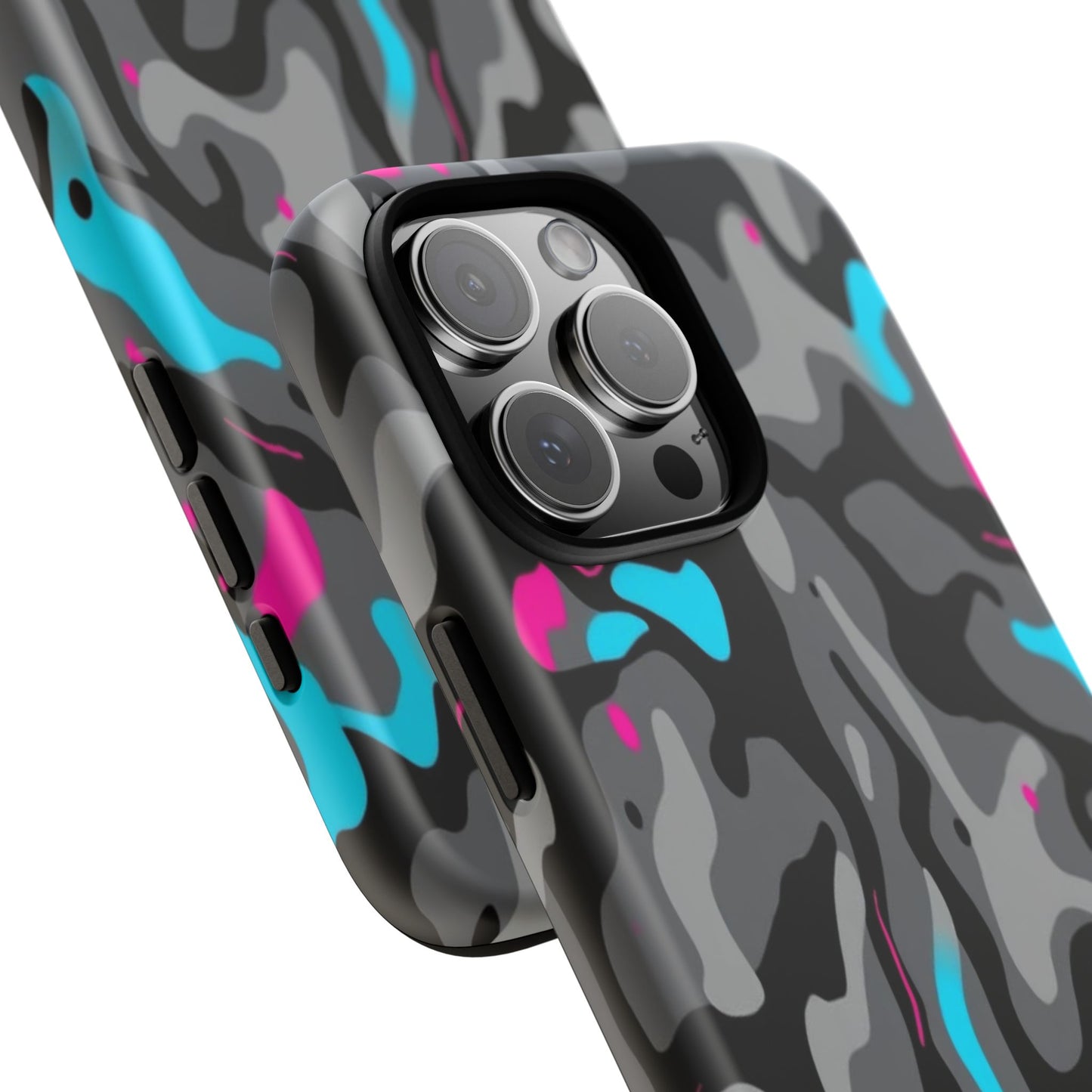 Camouflage Phone Case — Gray Camo with Neon Pink & Cyan Accent Tough Protective Cover