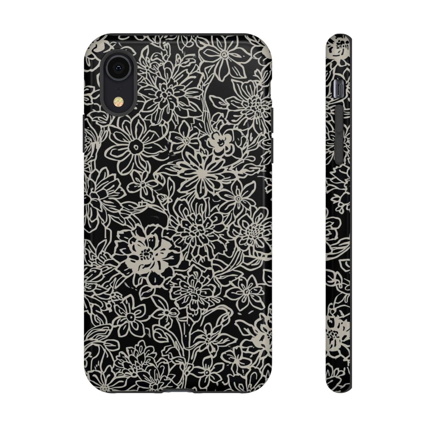 Floral Doodle Tough Phone Case — Black & White Sketch Flower Protective Cover