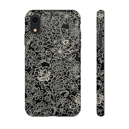 Floral Doodle Tough Phone Case — Black & White Sketch Flower Protective Cover