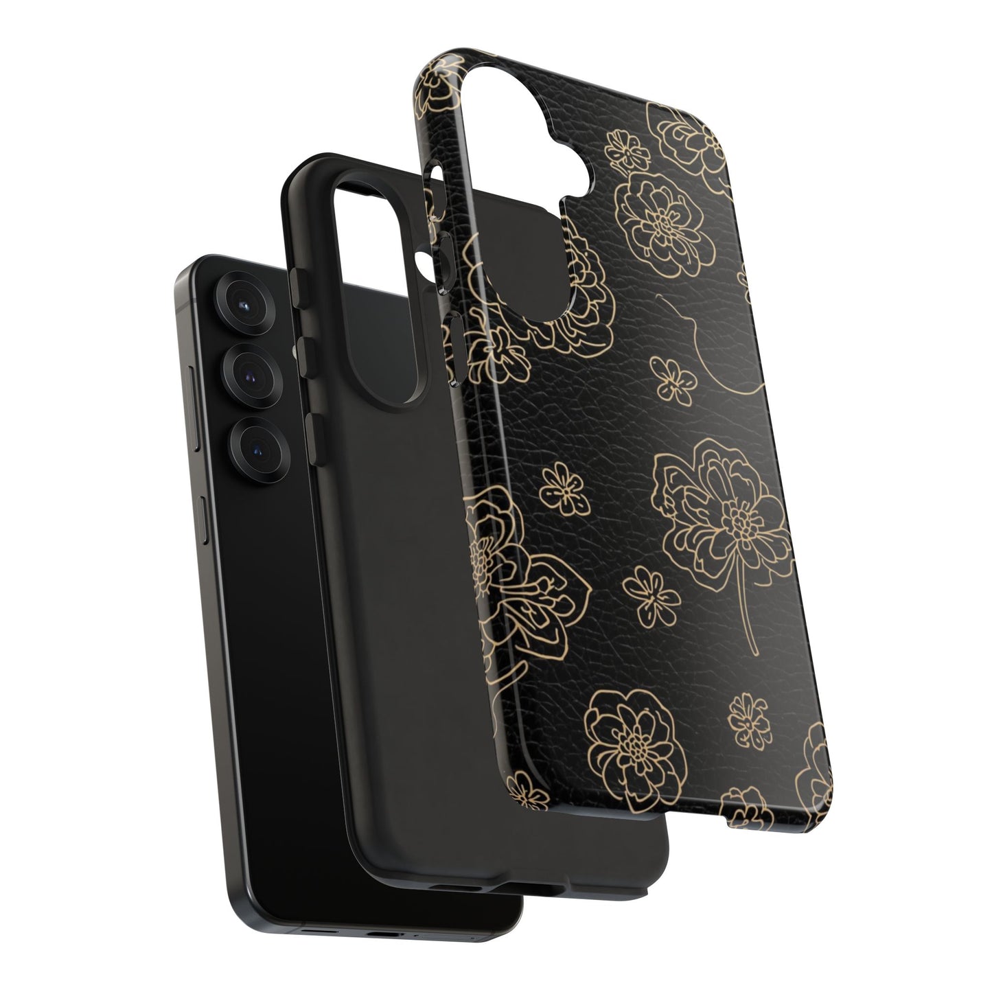 Floral Leather-Texture Tough Case – Black Gold Outline Phone Cover