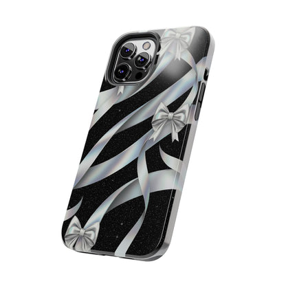 Silver Ribbon Bow Tough Phone Case — Glitter Black Protective Phone Case