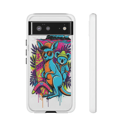 Kangaroo & Koala Surf Phone Case — Retro Neon Beach Art Tough Case