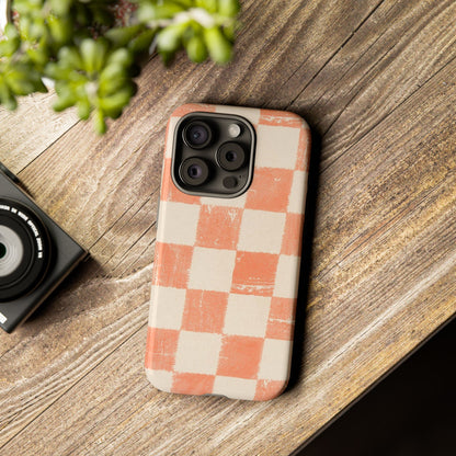 Peach Checkerboard Tough Phone Case — Retro Distressed Grid Design